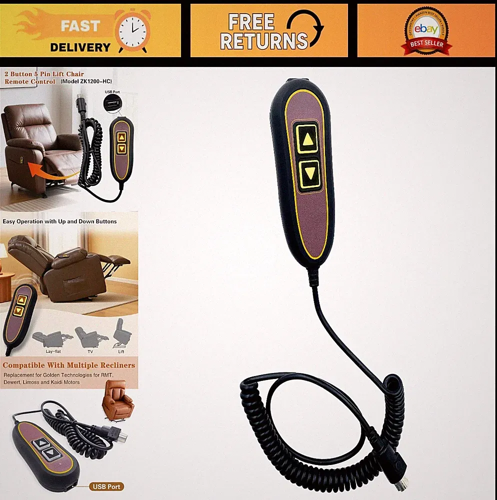 5 Pin Remote Control Replacement for Lift Chair Power Recliner - USB, Backlight