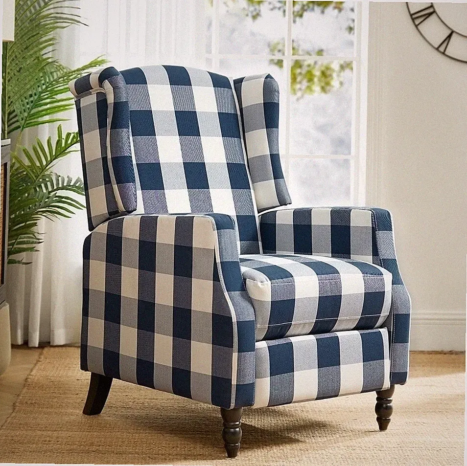 Blue Plaid Recliner Manual Pushback Accent Wingback Armchair Recliner Chair Navy