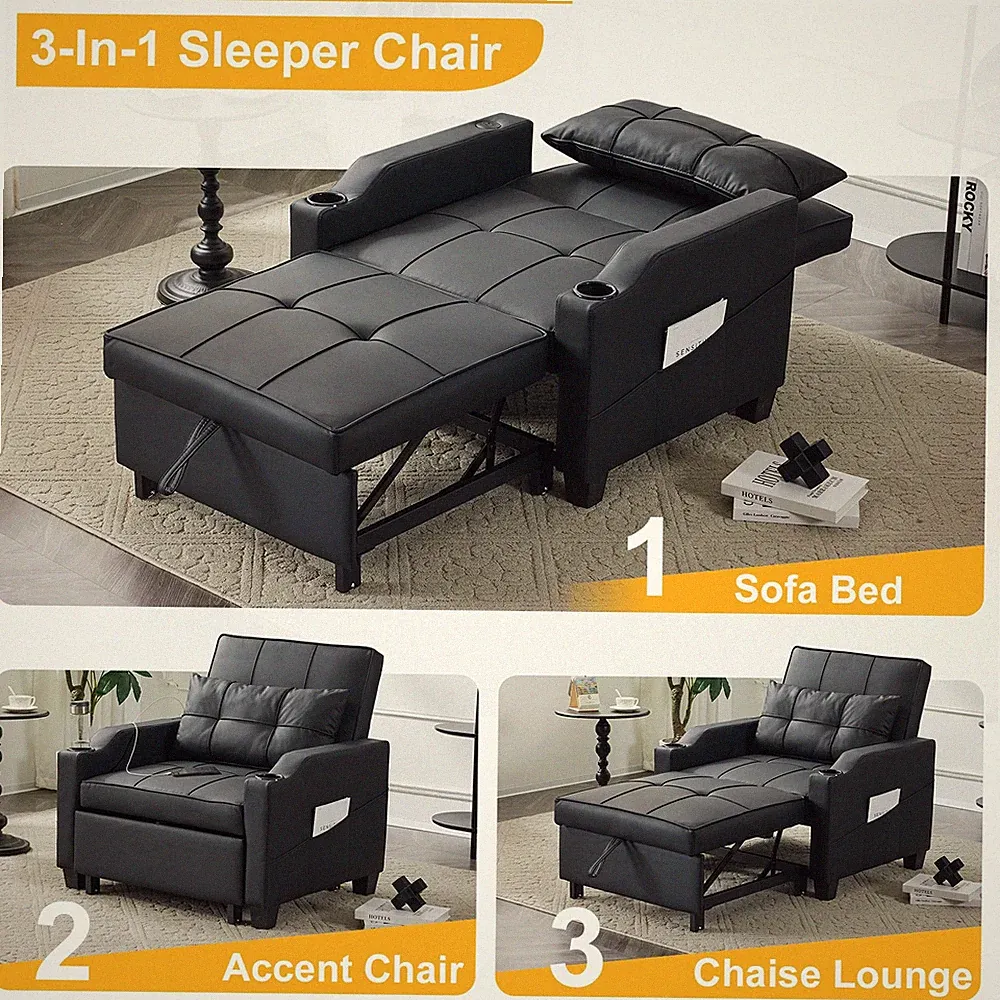 Convertible Sleeper Chair 3-in-1 Sofa Bed with Adjustable Design with USB Port
