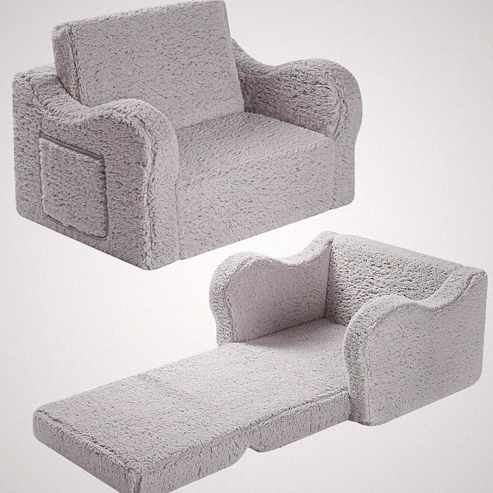 Kids Convertible Sofa Chair: 2-in-1 Toddler Couch & Lounger, Soft Sherpa, Grey