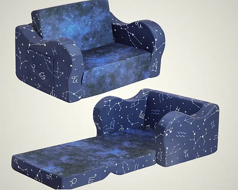 Kids Sofa, 2-In-1 Flip-Out Foam Couch, Foldable Soft Play Lounge Chair, Blue