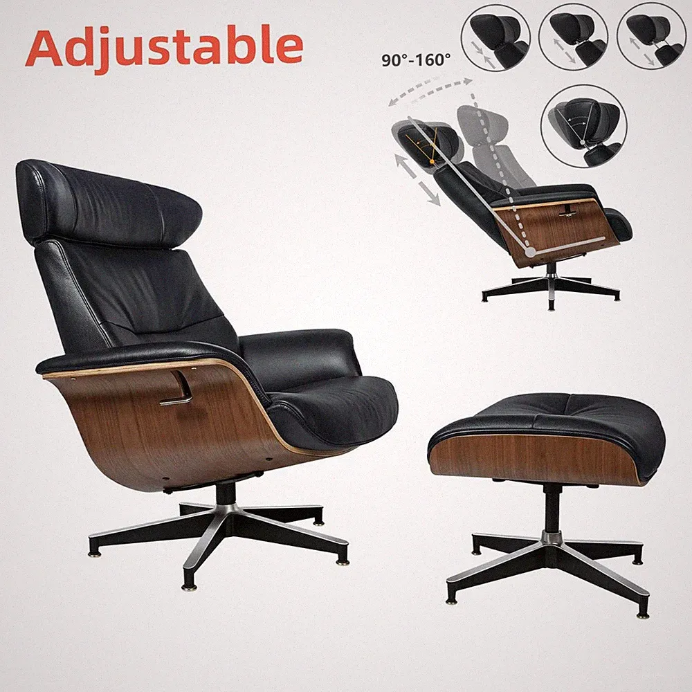 Widened Lounge Chair and Ottoman Adjustable Top Grain Leather Recliner Armchair